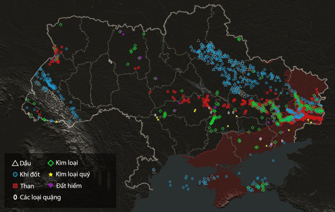 Bản đồ khu vực có tài nguyên khoáng sản tại Ukraine, với vùng màu đỏ hiển thị các khu vực do Nga kiểm soát.