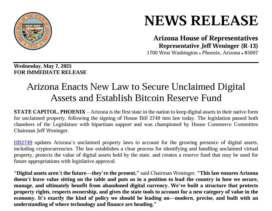 Arizona thông qua dự luật dự trữ Bitcoin, khẳng định vị thế tiền mã hóa